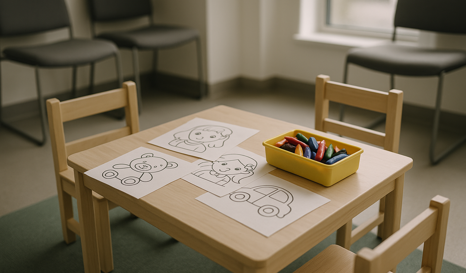 Kindertisch im Wartebereich mit ausgedruckten Malvorlagen und Stiftebox