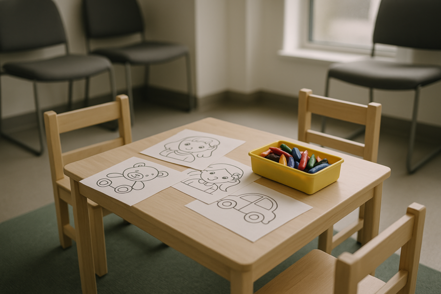 Kindertisch im Wartebereich mit ausgedruckten Malvorlagen und Stiftebox
