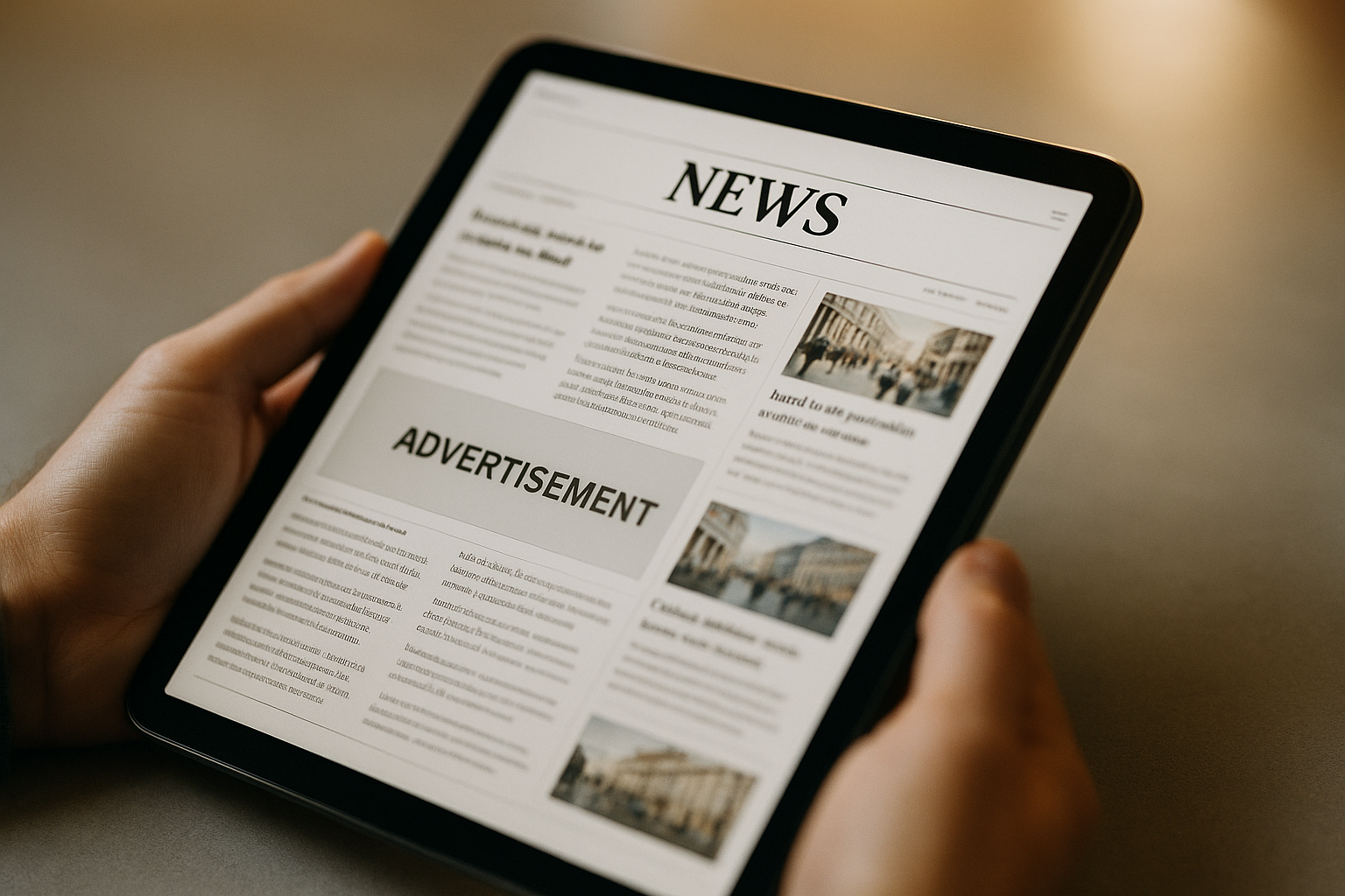 Tablet mit Nachrichtenartikel und deutlich abgesetztem Werbebereich über dem Text