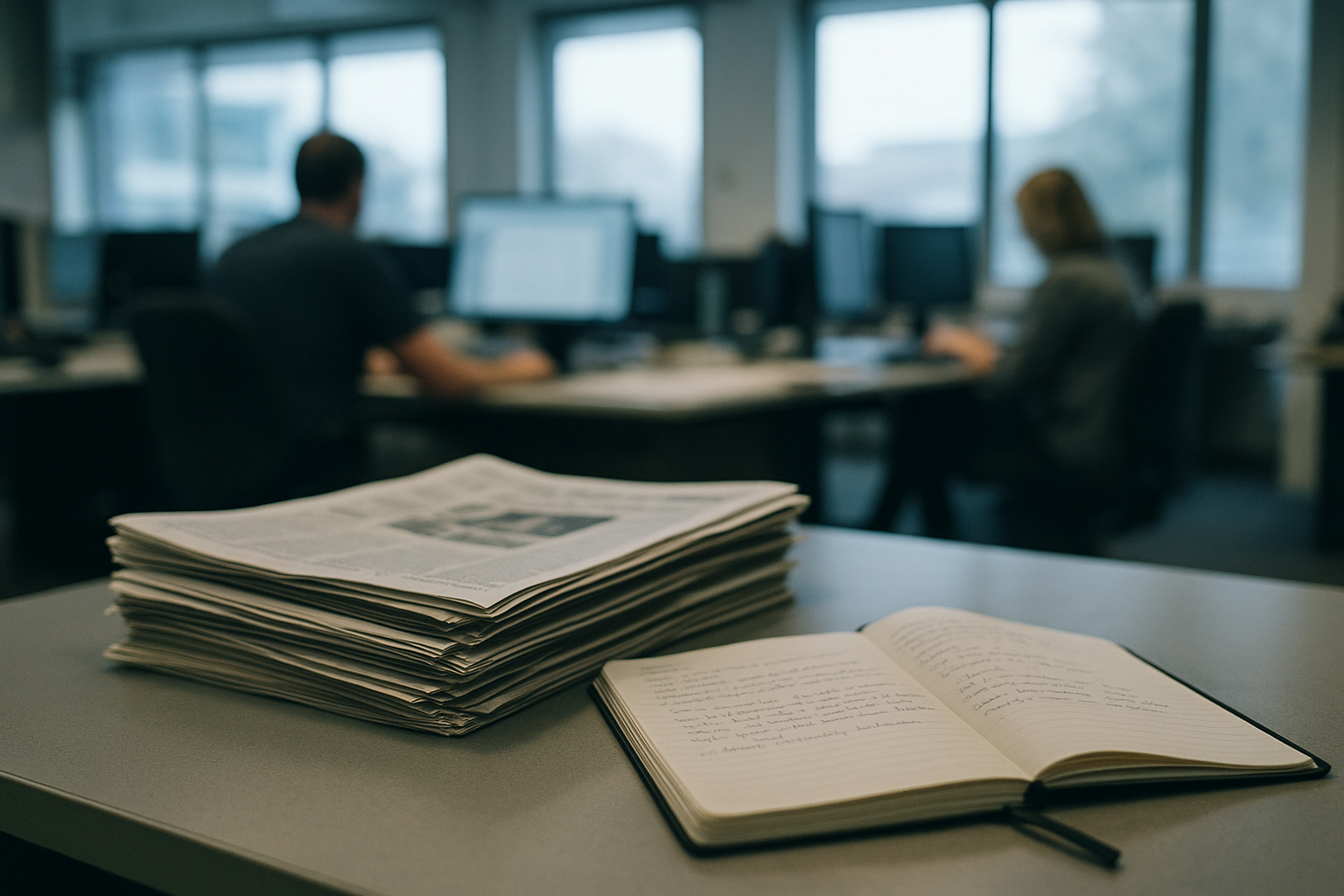 Lokalzeitungen und Notizbuch im Vordergrund, dahinter eine unscharfe Redaktion